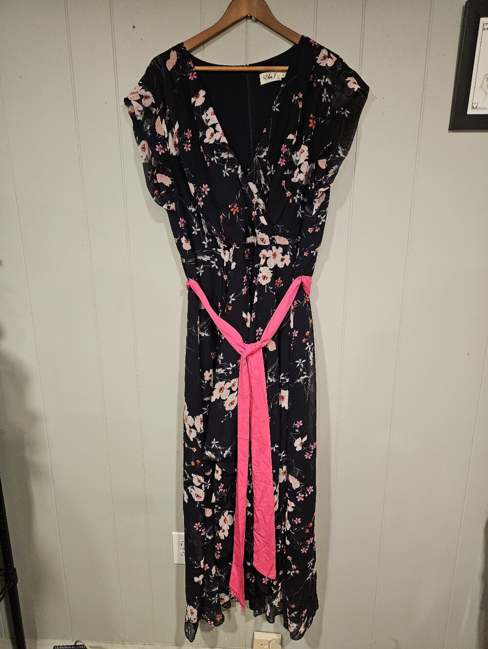 Eliza J Women Dress 18 Blue Floral Maxi Tie Waist VNeck High Low Cap Sleeve NWOT